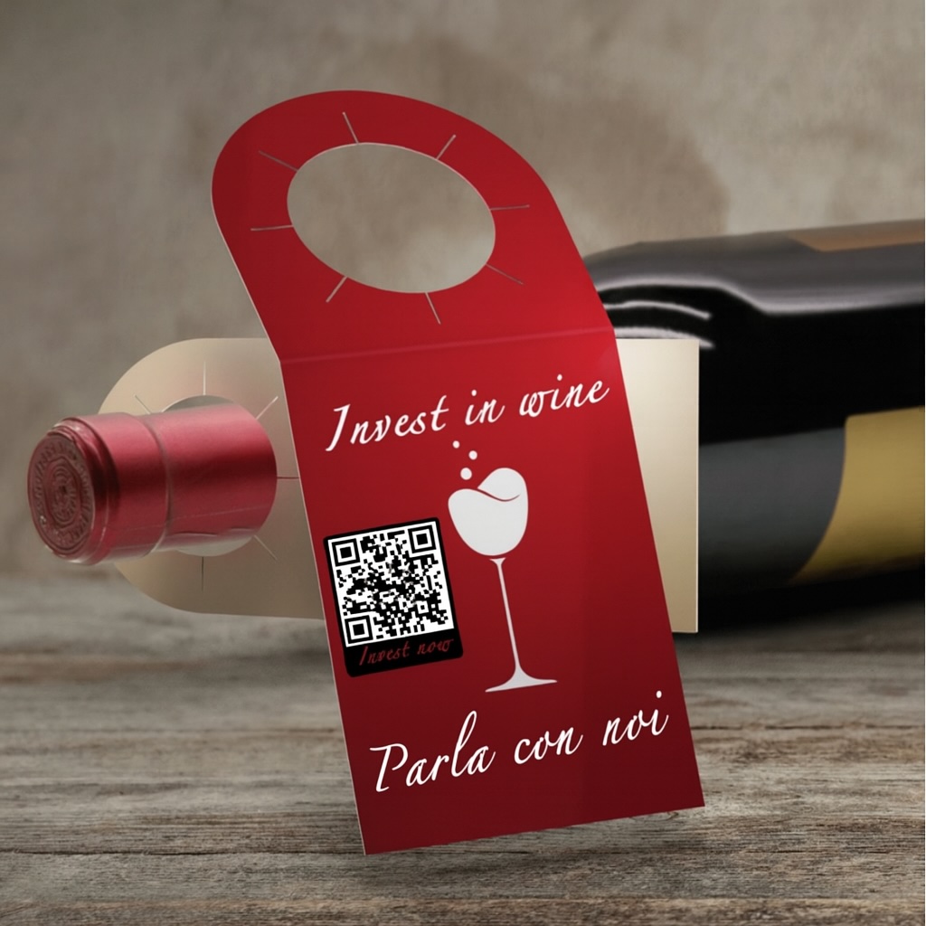 Collare WineBit con QR applicato a una bottiglia di vino